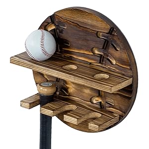 Wall Mounted Rustic Burnt Solid Wood Baseball Bat Hanger and Ball Display Shelf