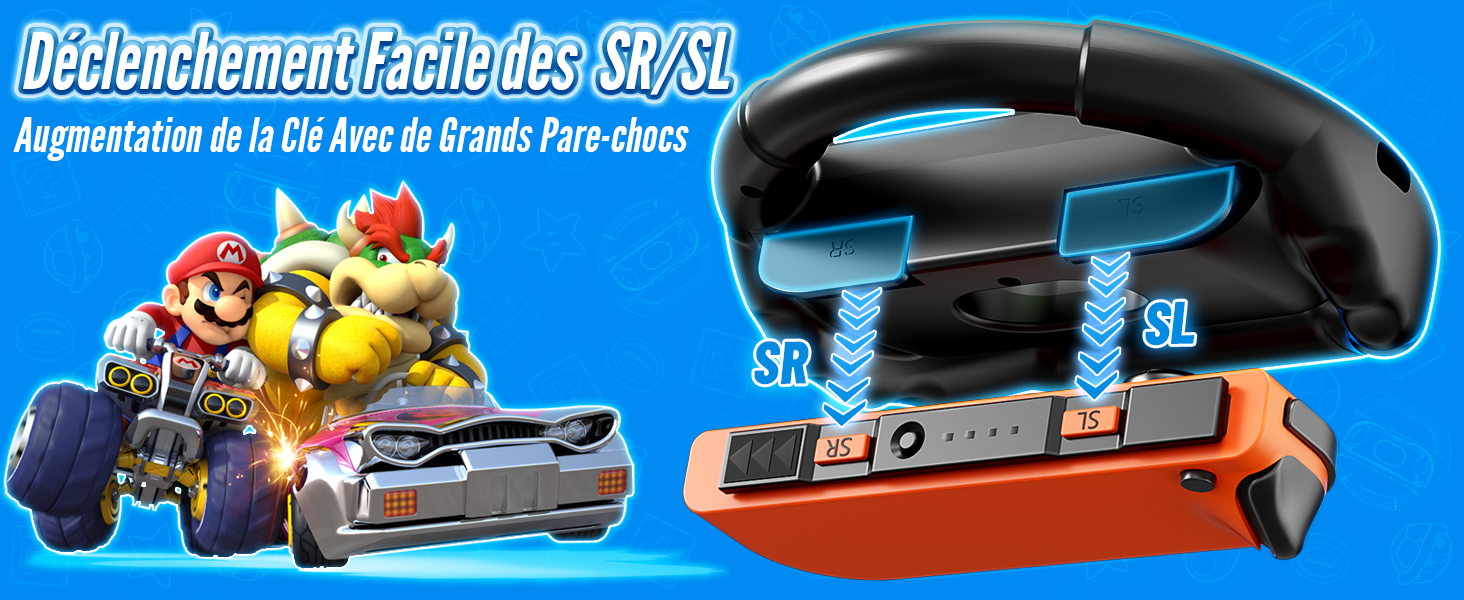 Racing Wheel avec base orange et poignée noire. Comporte des boutons SR et SL surlignés en bleu. Personnages de courses de dessins animés montrés sur le côté gauche.