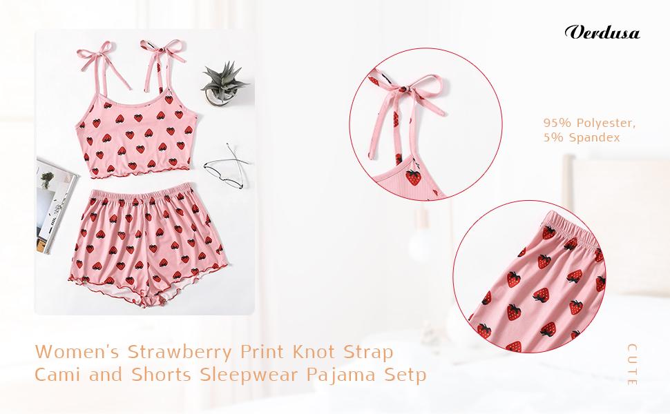 Verdusa Women's Strawberry Print Knot Strap Cami and Shorts Sleepwear Pajama Set