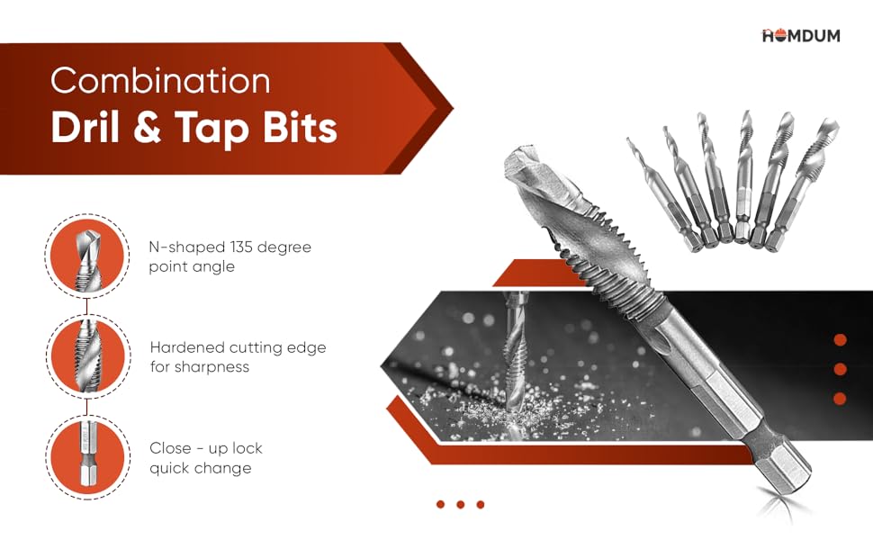 Homdum 6pc Machine Screw Drill Tap Set 1/4 Hex Shank Quick Change HSS