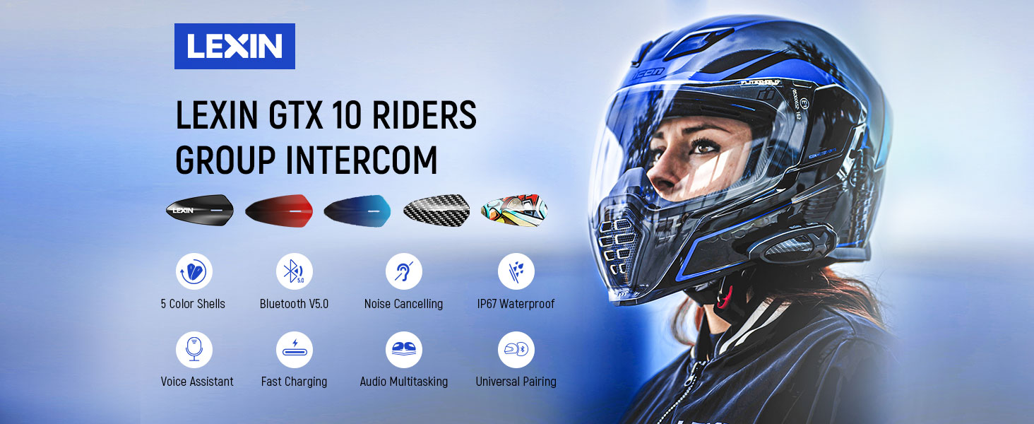 LEXIN 2pcs GTX 10Way Helmet Communication System, Motorcycle