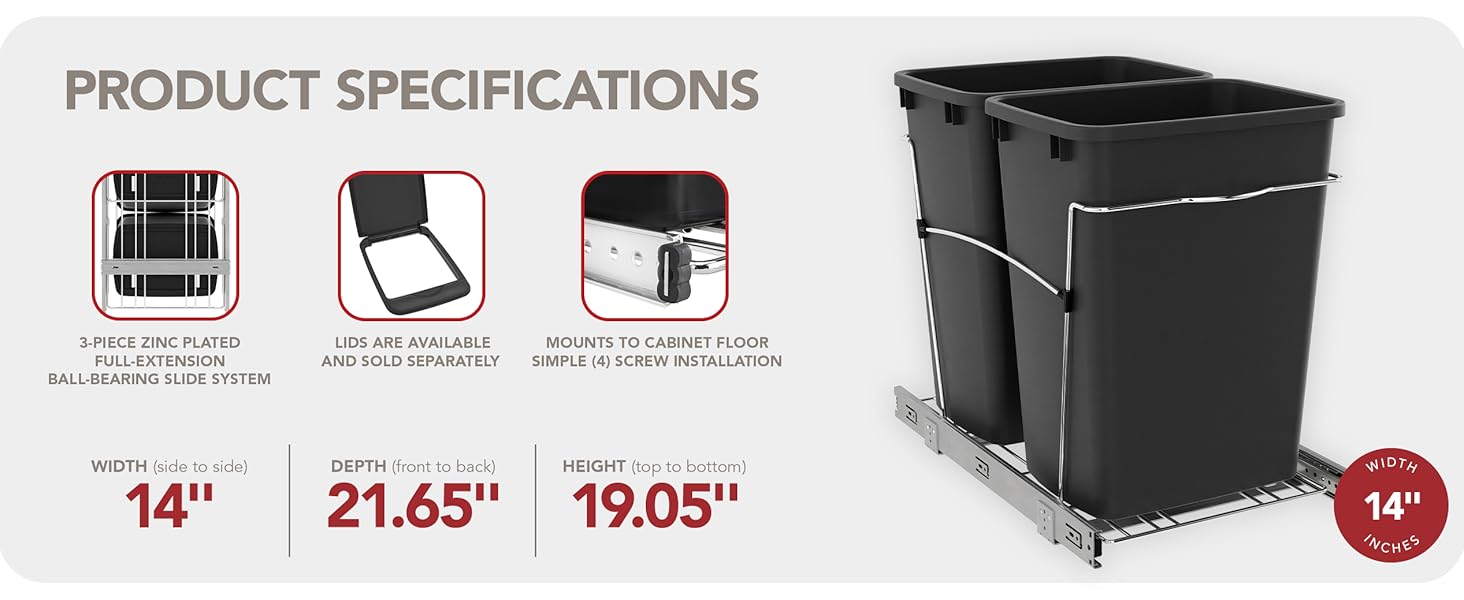 Waste container specifications with dimensions & other details. Text Reads: Product Specifications.