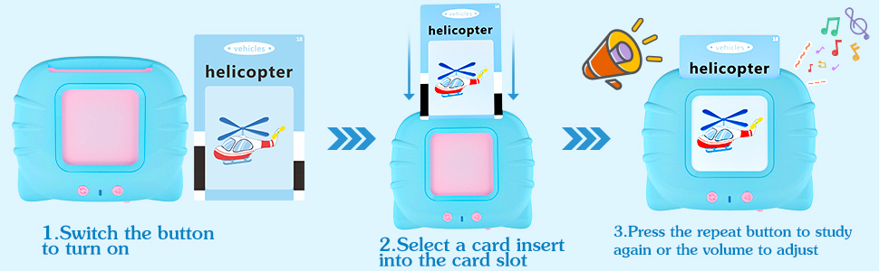 Blue electronic learning toy with screen, featuring helicopter-themed cards. Instruction steps show card insertion and button pressing for audio playback.