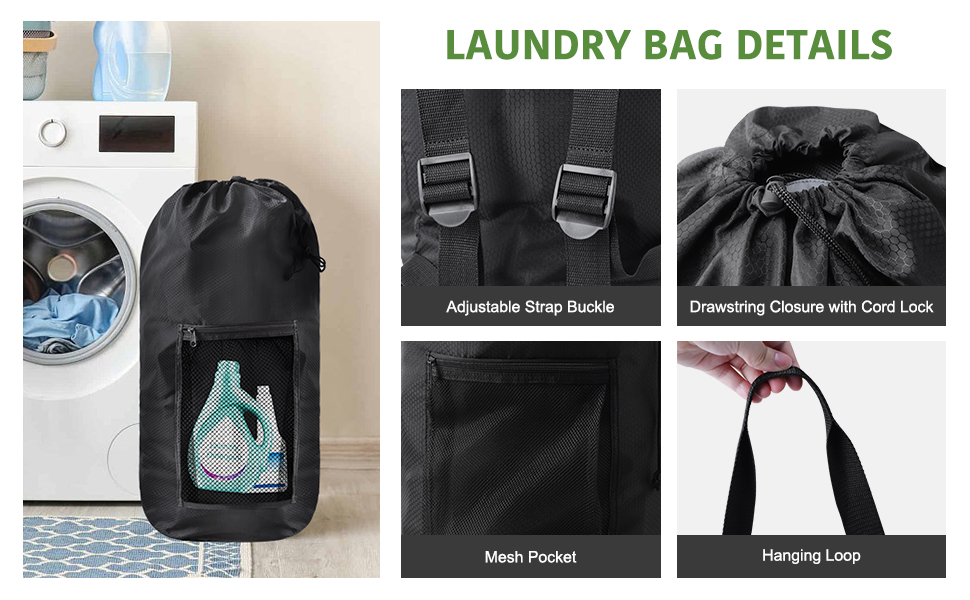 Laundry Bag Backpack with Mesh Pocket Adjustable Shoulder Straps Durable Large