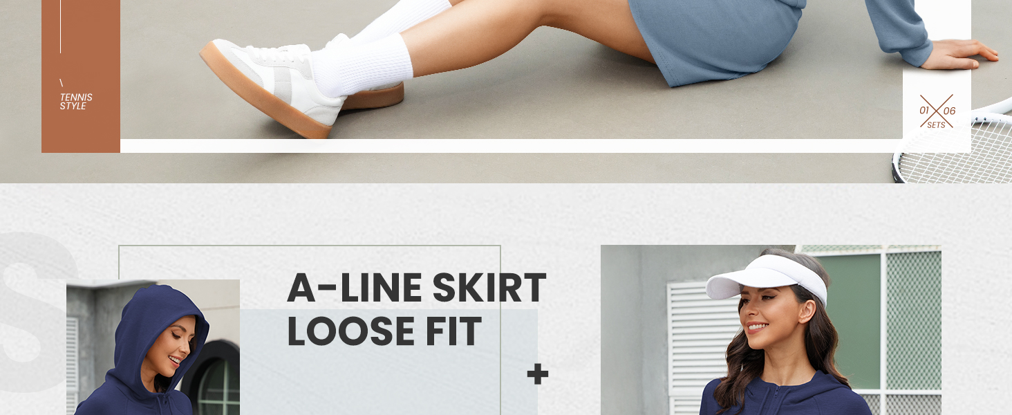 Women 2 Piece Skort Set Athletic Tracksuit Short Tennis Skirt Zip Up Hooded Sweatshirt