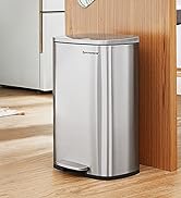 Stainless steel rectangular step trash can with pedal mechanism, positioned against wooden surface in kitchen setting.