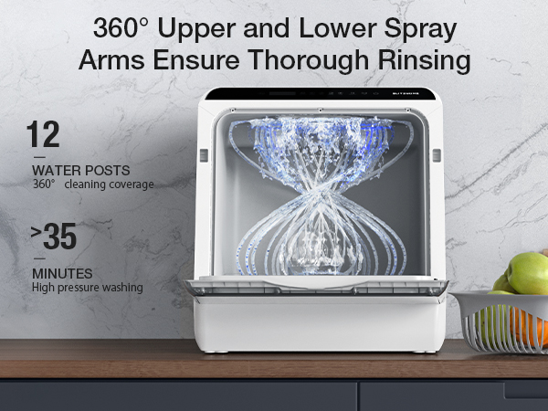360° Upper and Lower Spray Arms Ensure Thorough Rinsing
