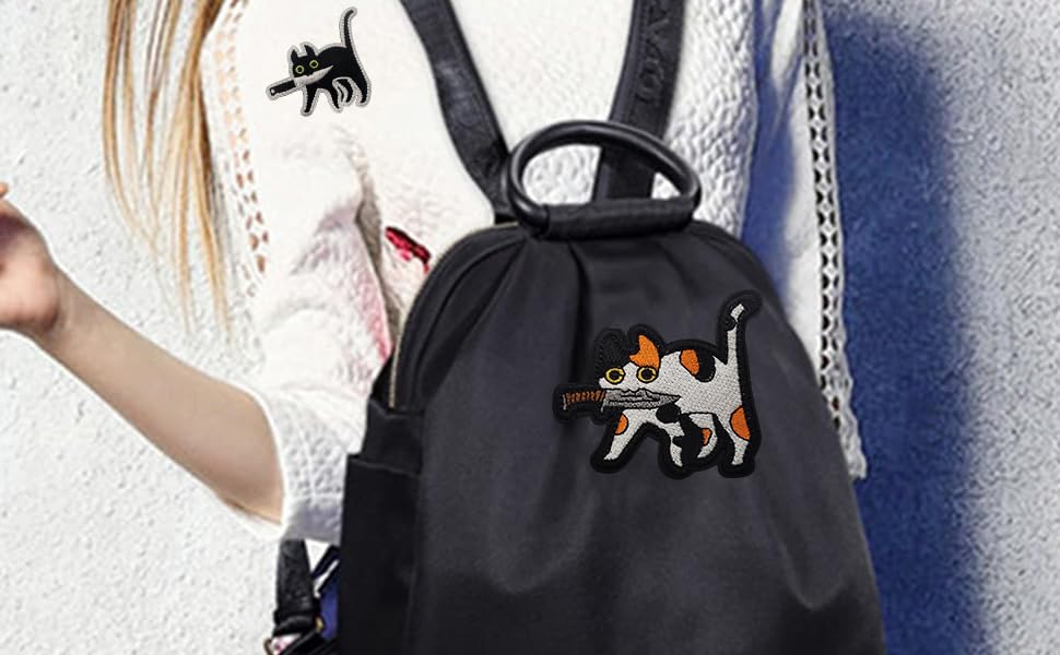 Pack of 2 Velcro Patches Black Cat with Knife IronOn Patch Velcro for