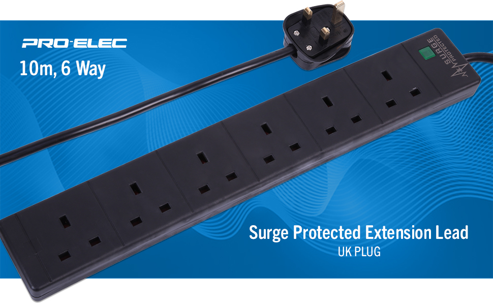pro elec 6 Gang 10 m Extension Lead Surge Protector Black Amazon.co