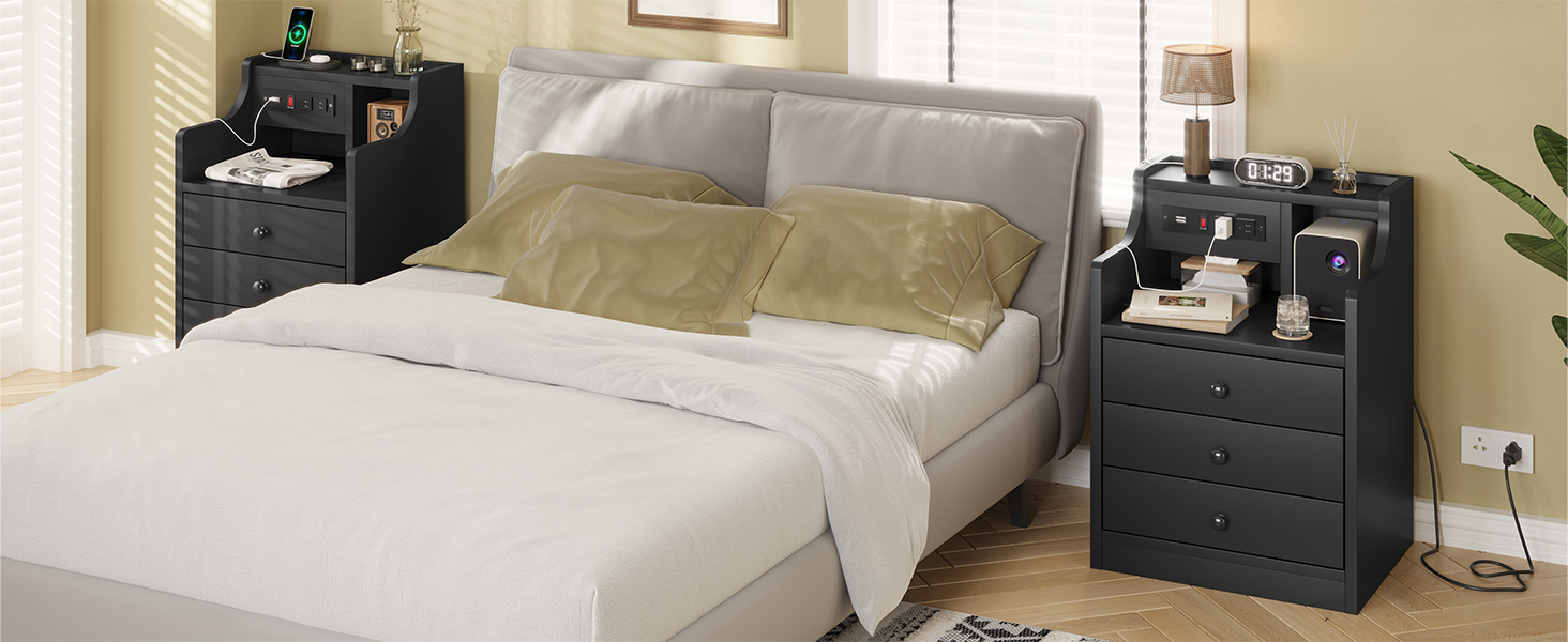 ADORNEVE Night Stand Set 2,Black Nightstand with Charging