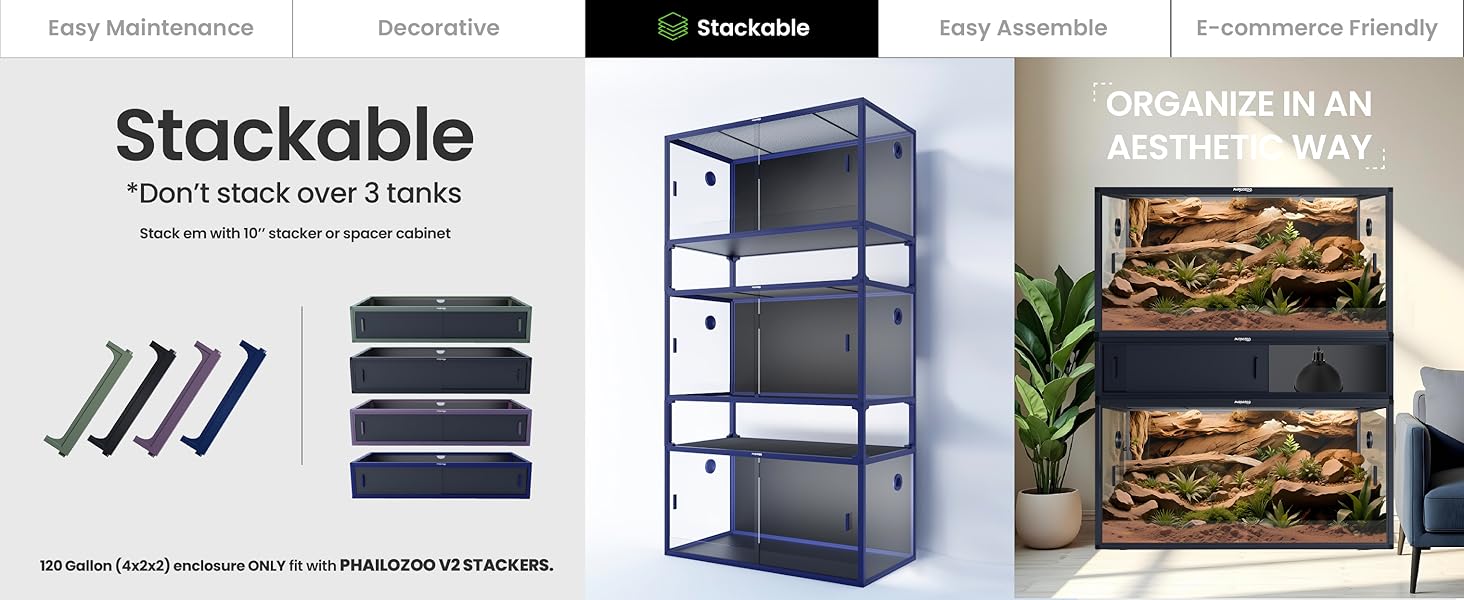 stackable reptile enclosure stack with 10" stacker or spacer cabinet