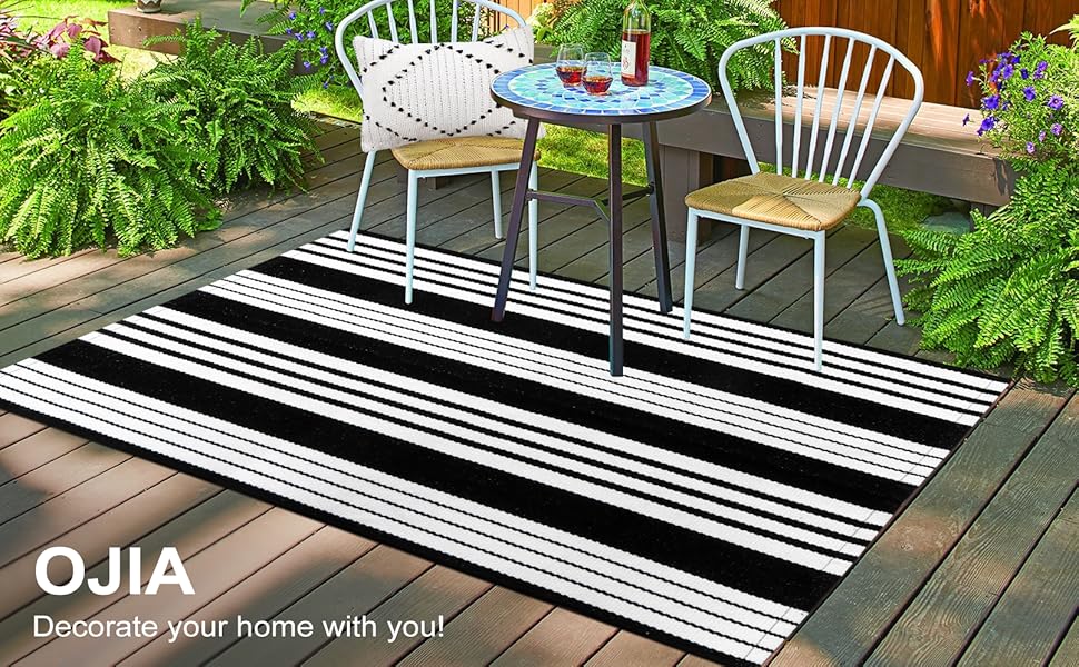 OJIA Black and White Outdoor Rug 3 x 5 ft Cotton HandWoven