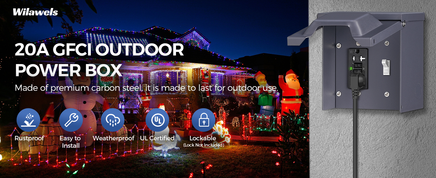 WILAWELS Outdoor Outlet Box with 20 Amp WRTR GFCI Receptacle and Switch