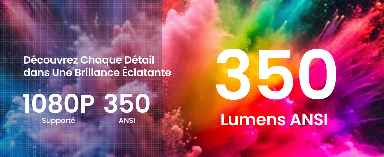 Toile de fond colorée en forme d'explosion de poudre avec superposition de texte mettant en évidence « 1080P 350 » et « 350 lumens ANSI », suggérant une publicité de produit d'affichage ou de projecteur