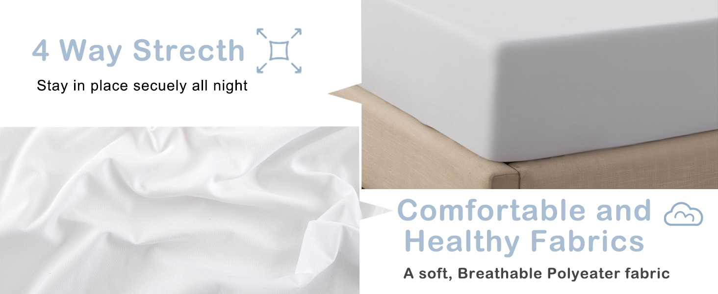White fitted sheet showcasing '4 Way Stretch' technology for secure fit. Features soft, breathable polyester fabric for comfort and health. Product shown on mattress corner.