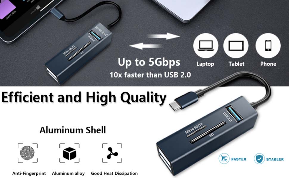 SD Card Reader 5 IN 1 USB 3.0, MultiPort Adapter Hub of 3 USB, Type C