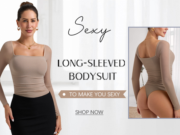 PINKMSTYLE Mesh Square Neck Bodysuit for Women Long Sleeve