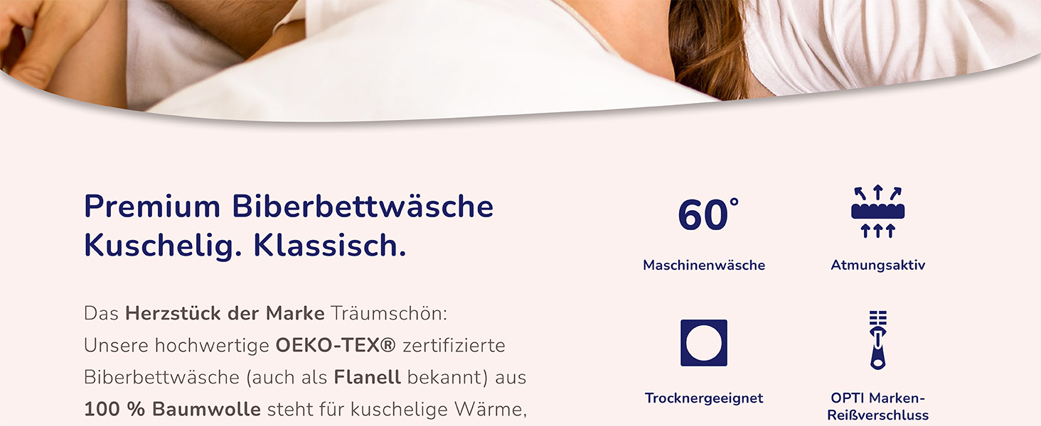 Eine Produktwerbung für hochwertige Bettwäsche. Das Bild zeigt Text in deutscher Sprache, der das Produkt als gemütlich und klassisch beschreibt, maschinenwaschbar und aus 100% Bio-Baumwolle hergestellt