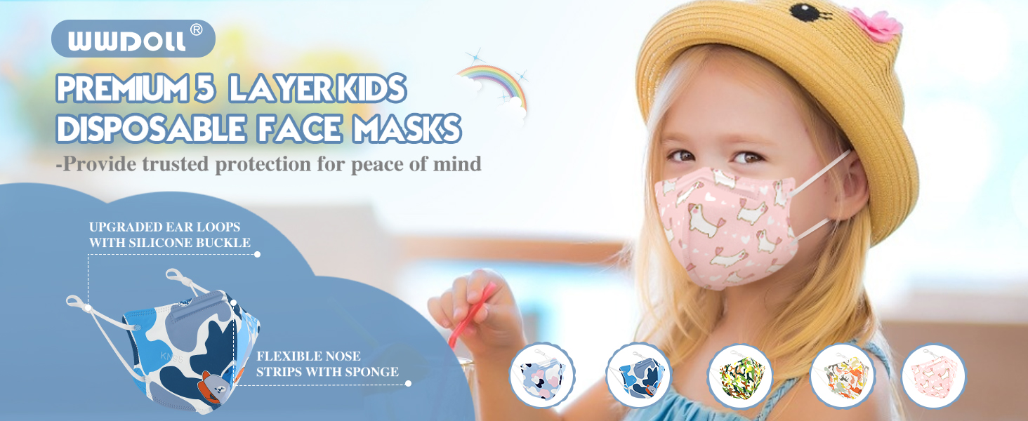 WWDOLL Kid KN95 Face Mask 50 Pack, 5Layers Breathable KN95