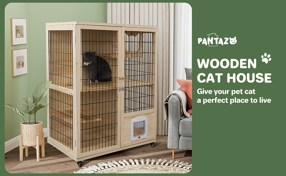 PANTAZO Wooden Cat House Large Space Cat Cage with