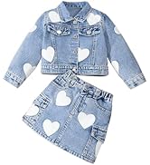 WDIRARA Toddler Girl's Cute 2 Piece Outfits Heart Print Button Down Jacket Cargo Denim Skirt Set