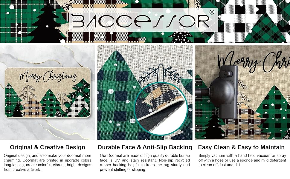 Baccessor Merry Christmas Doormat, Green Buffalo Plaid