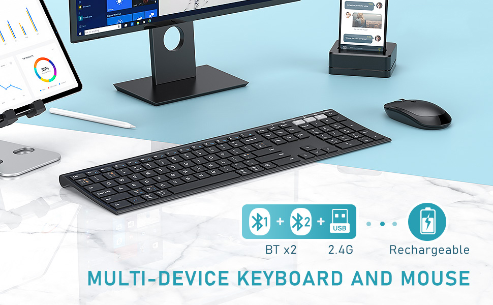 Bluetooth Keyboard and Mouse Set, seenda Rechargeable Wireless MultiDevice Keyboard Mouse