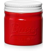 Text reads 'Ball'. Bright red ceramic jar with white screw-top lid featuring embossed vintage-style mason jar branding.