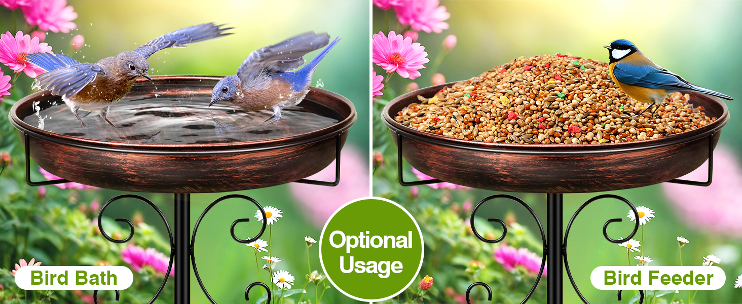 Vogelhäuschen und Badewanne für Vögel mit doppeltem Verwendungszweck. Schale aus Metall auf dekorativem Ständer, abgebildet mit Wasser zum Baden und Samen zum Füttern. Optionale Verwendung angegeben.
