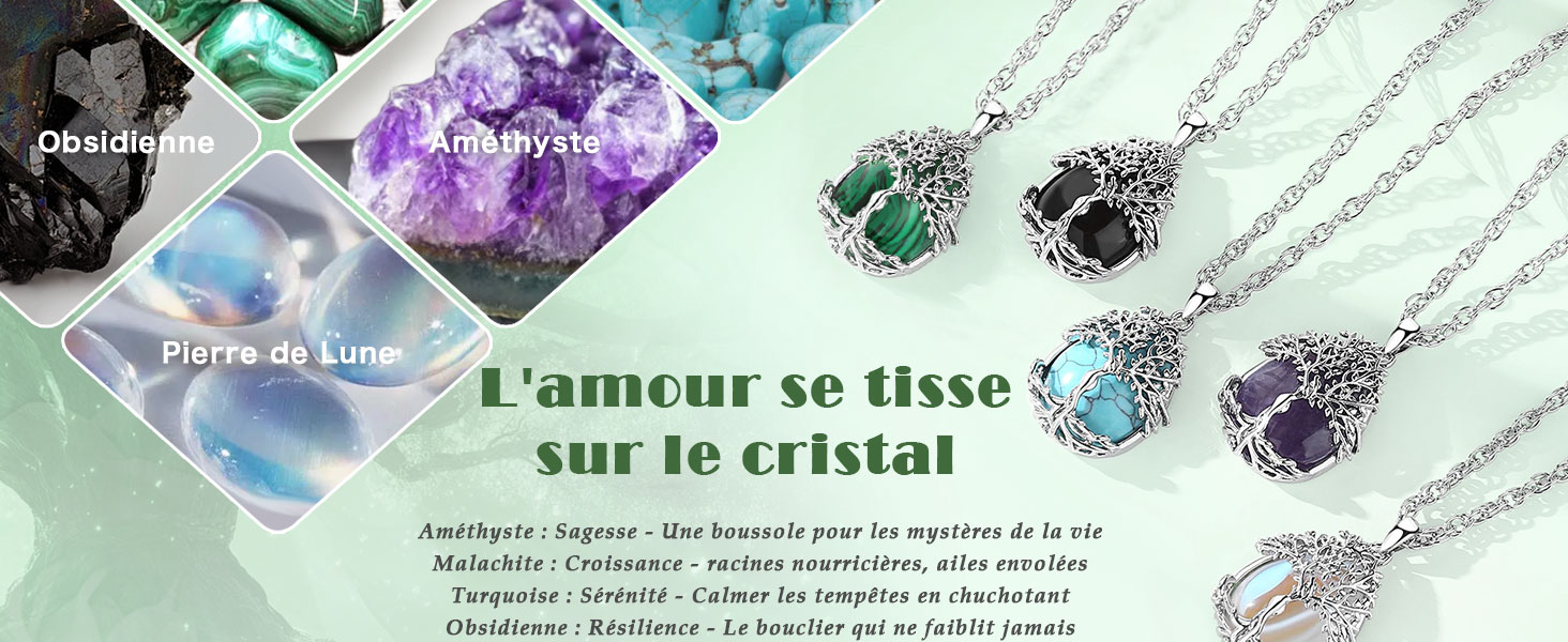 sur chaînes en argent ornés de pierres en forme de larme vertes, noires, bleues et violettes, entourés de ferronnerie ornée. L'affichage comprend des échantillons de cristaux bruts d'obsidienne, d'améthyste