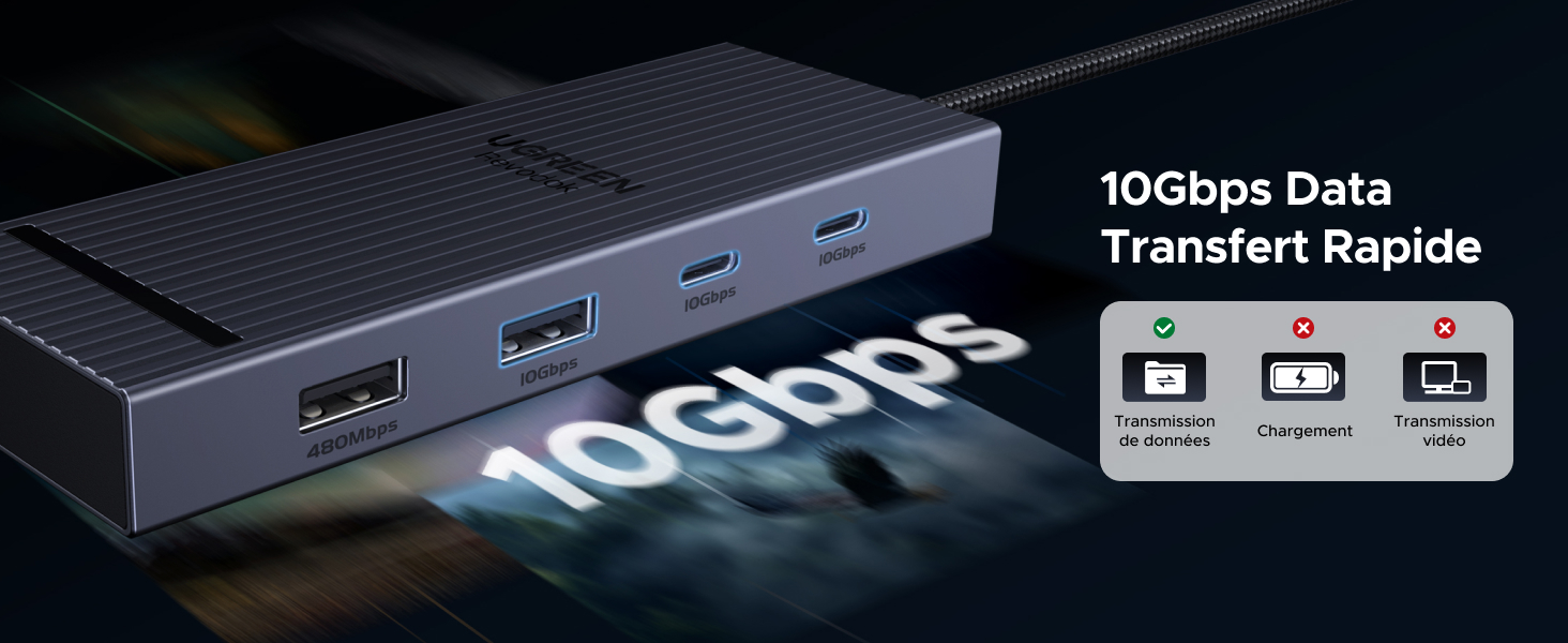 avec plusieurs ports, dont USB-A et USB-C. Dispose d'une vitesse de transfert de données de 10 Gbit/s. Finition métallique gris foncé avec voyants d'état pour les connexions d'alimentation, d'hôte et de périphérique.