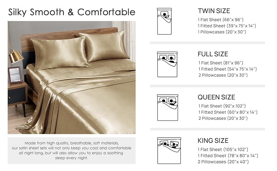 Love's cabin Twin Satin Sheets Sets Taupe, Silky Satin Bed