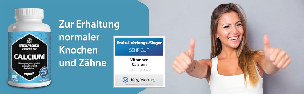 Calcium Tabletten hochdosiert vegan, 180 Tabletten für 3 Monate, 800 mg ...