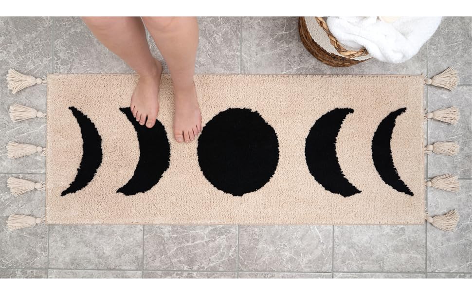 Bohemian Runner Moon Phases Bath Mat with Tassels Half Moon Rugs