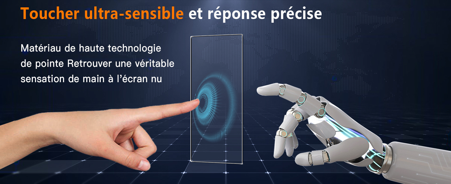 Illustration de la technologie tactile ultra-sensible. Écran tactile avec doigt humain avec effet ondulé bleu, contrastant avec la main robotique. Le texte met en évidence une réponse précise et une sensation tactile naturelle.