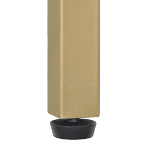 Square gold-colored furniture leg or support with a black circular base, likely for elevating or stabilizing a piece of furniture.