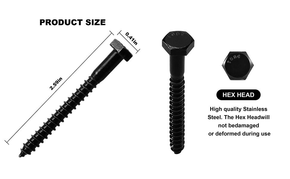 Stainless Steel Black Lag Bolts 1/4" x 21/2" Hex Lag Screws (15 pcs
