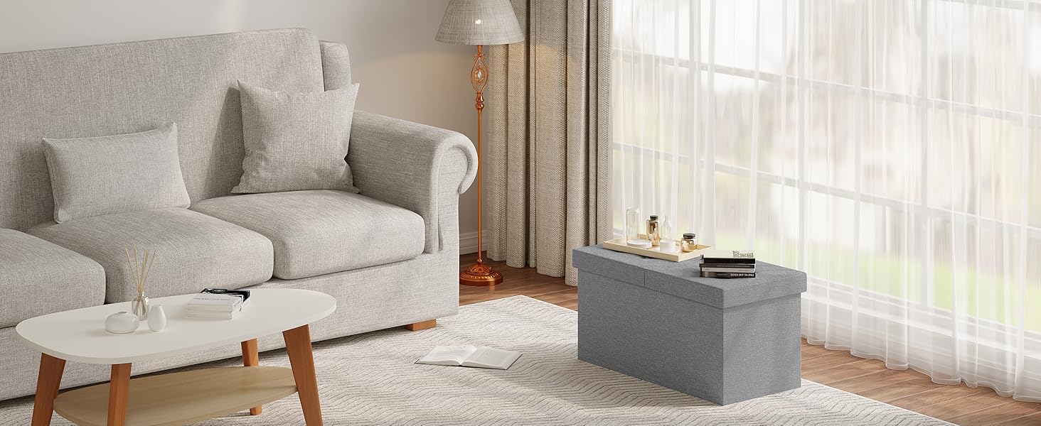 WOLTU Pouf Contenitore. Cassapanca Poggiapiedi Pieghevole Da 80L Con Coperchio Rimovibile. Panca Contenitore In Lino Oxford. Seduta Imbottita. 76x38x38cm. Grigio Chiaro 10 1