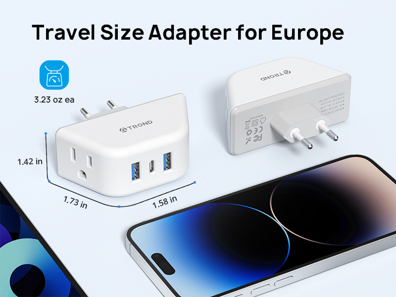 TROND European Travel Plug Adapter US to Europe Power Adaptor with 2 Outlets 3 USB