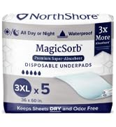 NorthShore MagicSorb, 36 x 70, 120 oz., Super-Absorbent Extra Long Underpads, 3XL, Pack/5
