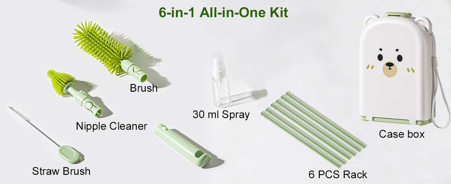 6-Piece Set with Brushes, Drying Rack & Case – All-in-One Baby Bottle Kit