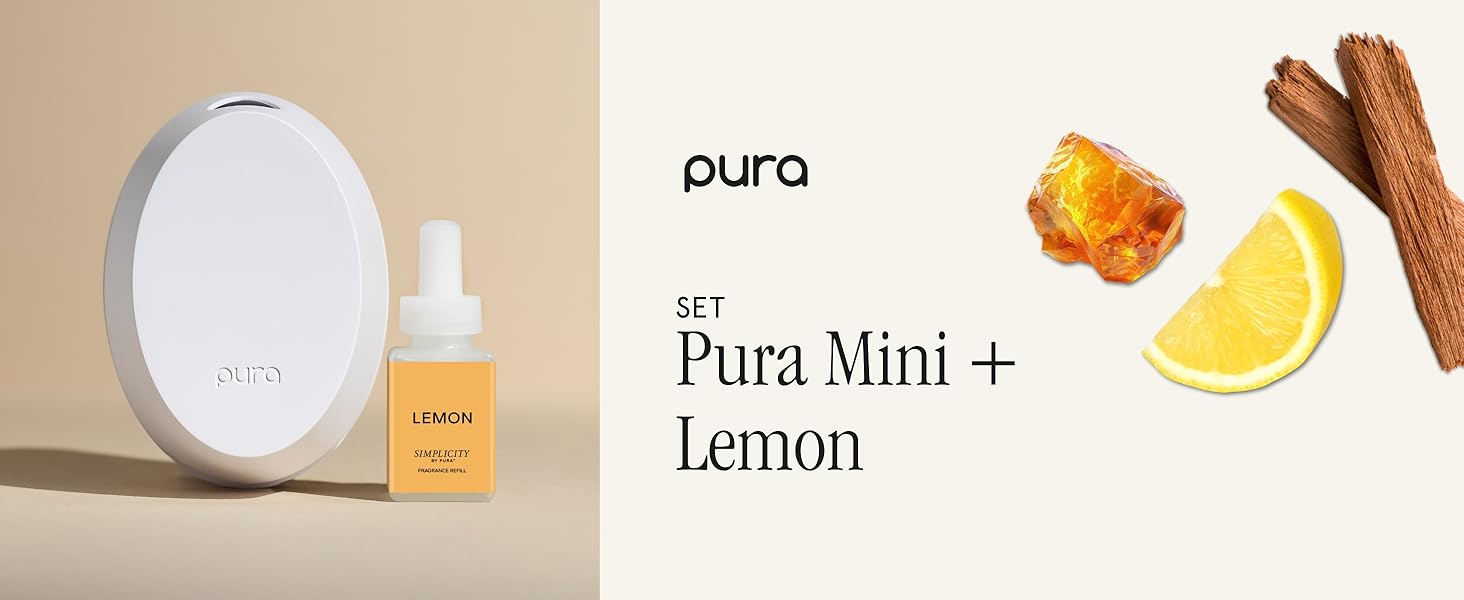 Pura Mini Smart Fragrance Diffuser for Small Spaces Adjustable Smart Home Device with LED Light & Automatic Vial Detection - Includes 1 Scent Refill; Lemon 9 Pura Mini and White Tea No. 1
