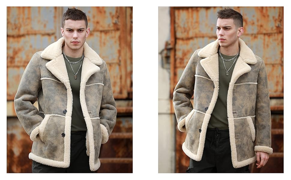 Denny&Dora Mens Shearling Jacket Natural Sheepskin Coat Brown