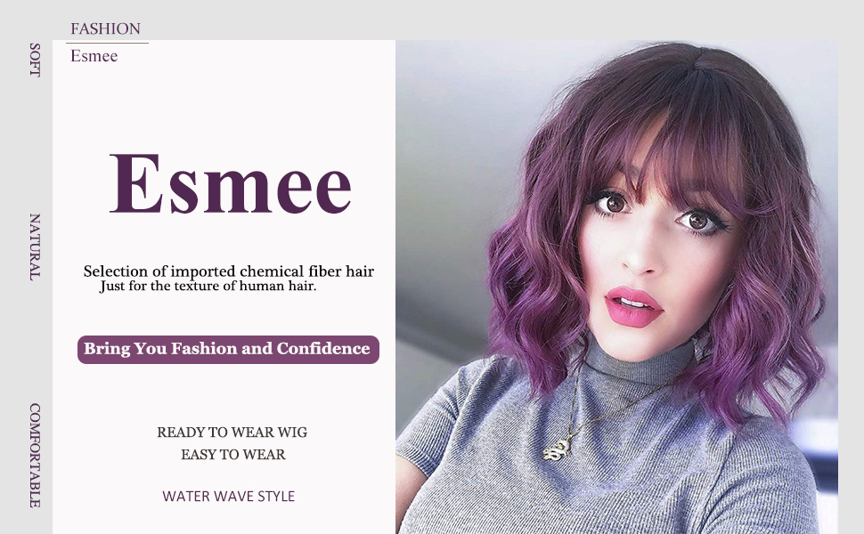 Esmee Short Wavy Ombre Purple Bob Wig with Bangs for Women Natural