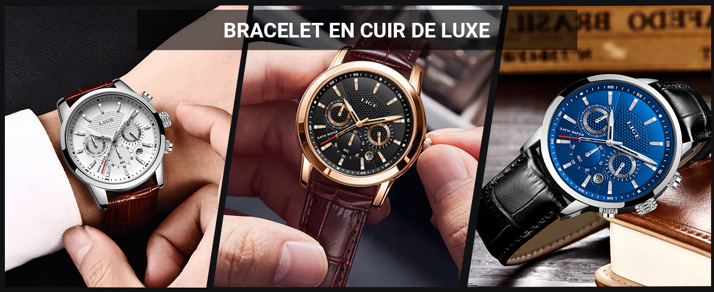 Le texte indique « BRACELET EN CUIR DE LUXE ». Présentation de trois montres de luxe avec bracelets en cuir dans les variantes de couleur marron, noir et bleu avec cadrans métalliques.