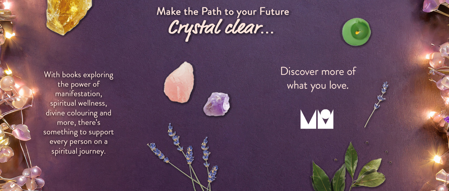 image with purple background and some crystals and plants, with sales text
