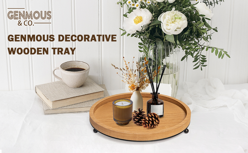 GENMOUS Round Wooden Tray for Coffee Table, Decorative Tray with Iron Bead for Home