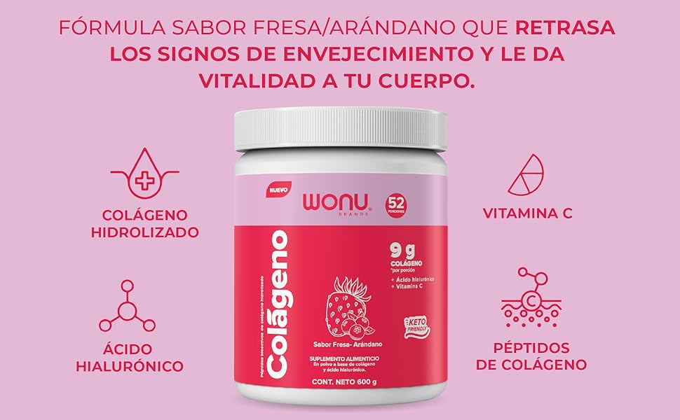 WONU, Colágeno, Fresa arándano,Piel,Fortalece Músculos,Articulaciones,Vitamina C, Ácido hialurónico