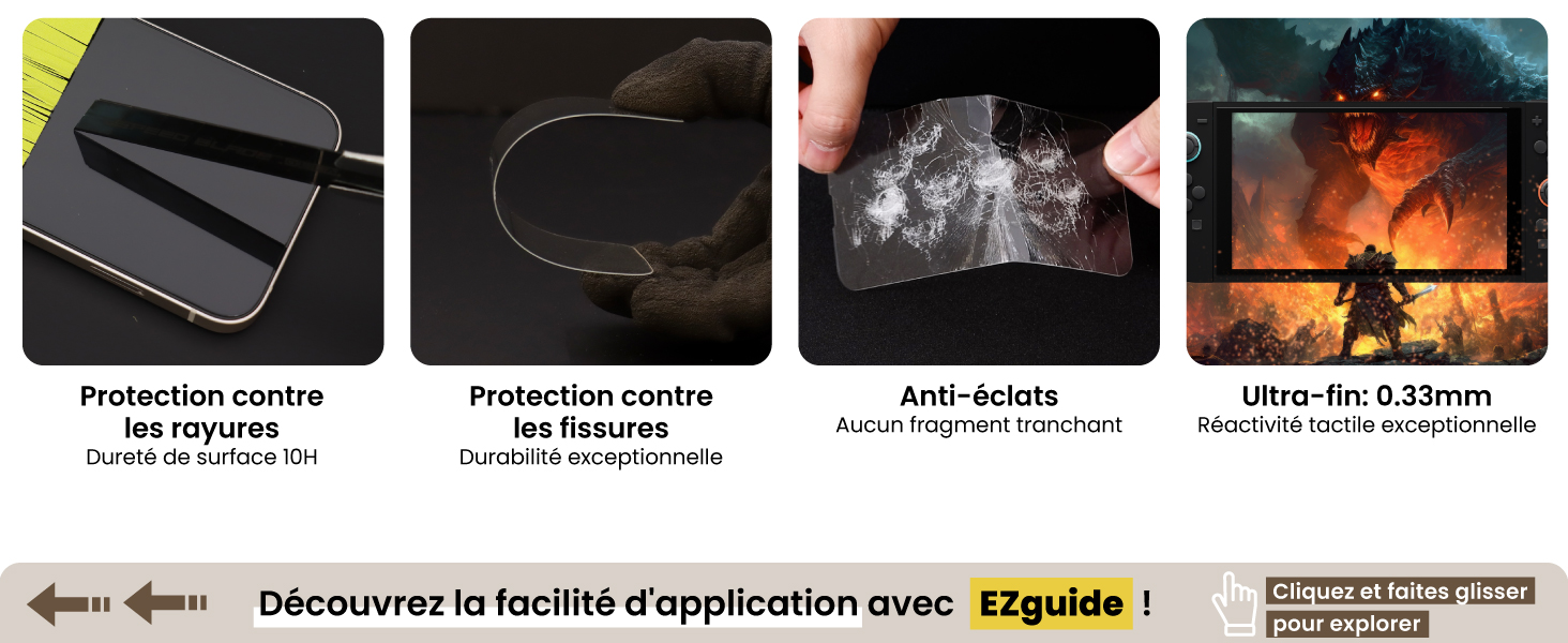 EZguide Monster Features: Scratch Prevention, Crack Prevention, Anti-shatter and Thin 0.33mm glass