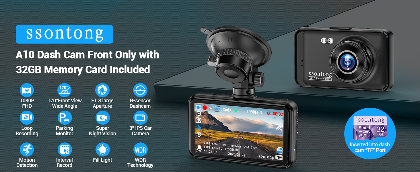 Dashboard camera with 3-inch display, wide-angle lens, and 32GB memory card. Features include 1080P recording, parking monitor, loop recording, and night vision. Product shown mounted on car windshield.